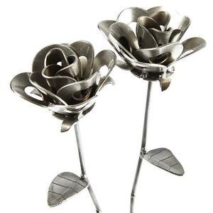 Welded Metal Scrap Art Two Anniversary Metal Roses